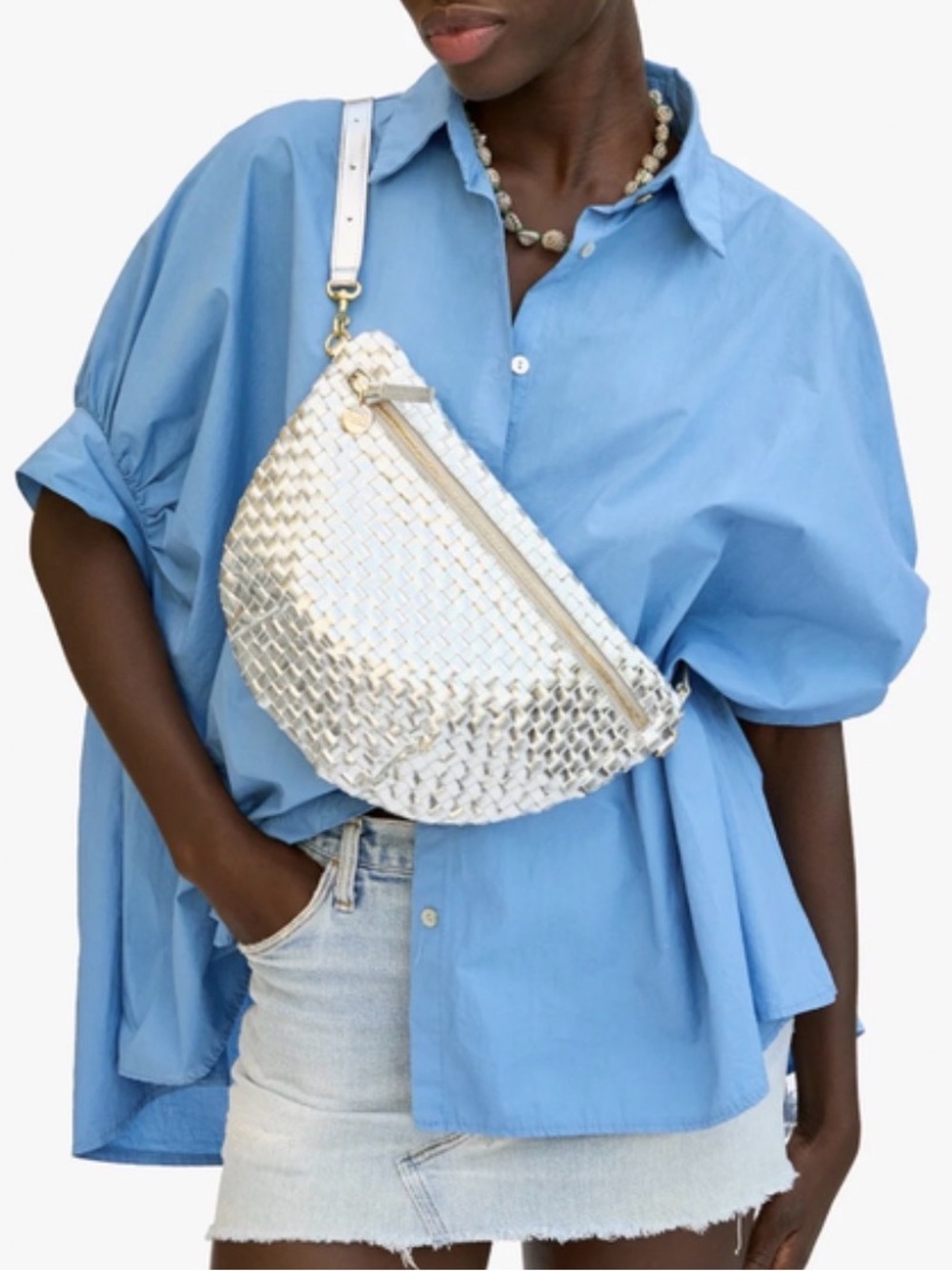 Clare V. Grande Fanny Woven Metallic Silver Crossbody Bag - Picture 3 of 16